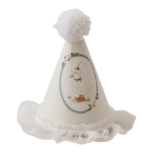 Fluxioxtna Festival Elastizität Kopfbedeckung Entlein/Blumenmuster Stickerei Spitze Weiche Pompoms Party Accessoire Pompoms Dekorierte Geburtstagshut von Fluxioxtna