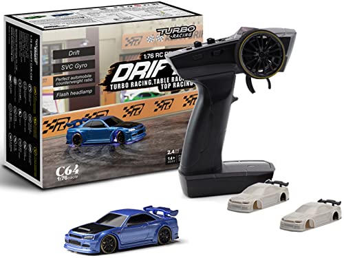 FLYCOLOR Turbo Racing 1:76 Skala Drift RC Auto mit Gyro Mini Full Proportional RTR 2.4GHZ Fernbedienung mit 2 austauschbarer Karosserieschale (C64-BLUE) von FLYCOLOR