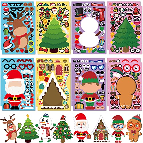 Flyftrey 16 Blätter Weihnachtskinder Aufkleber Bastel Set, DIY Sticker Weihnachtsbaum Lebkuchenmann Schneemann Rentier, Weihnachten Aufkleber für Kinder Bastel Party Deko Geschenk Spielzeug von Flyftrey