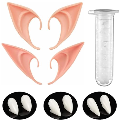 3 Paar Vampir Zahnersatz mit 1 Rohr Zähne Pellets Klebstoff und 2 Paar Elfenohren, Latex Elf Ears Schaurig Zombie Zähne für Cosplay Halloween Party Zähne Requisiten Mottoparty Maskerade von Flyftrey