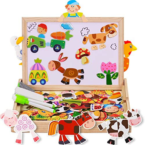 COOLJOY 100+ PCS Holz-Magnetpuzzle, Bauernhof-Muster-Spiele, doppelseitige Holzpuzzle, pädagogisches Zeichentafel-Holzspielzeug für Kinder, Jungen, Mädchen im Alter von 3 4 5 Jahren von COOLJOY