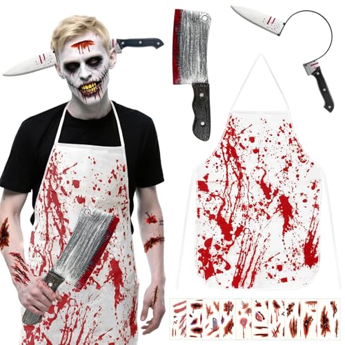 Flying Pottery Halloween Schlächter Kostüm, Blutige Metzger Schürze mit Messer Für Halloween Party und Karneval, Herren & Damen von Flying Pottery