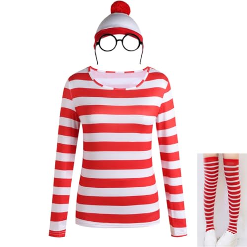 T-Shirt mit Streifen, Rot und Weiß, Brille, Beanie, Strickmütze, Hut, Kostüm, Outfit, Set, Halloween, Cosplay, Partyzubehör für Männer und Frauen, Erwachsene (Damen, S) von Fmarche