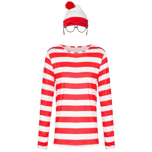 T-Shirt mit Streifen, Rot und Weiß, Brille, Beanie, Strickmütze, Hut, Kostüm, Outfit, Set Halloween, Cosplay, Partyzubehör für Männer, Frauen, Erwachsene (Herren, S) von Fmarche