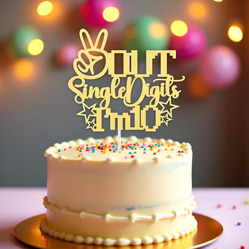 FmiyunEea Out of Single Digits - I'm 10!" Glitzer Kuchen Topper Doppelstellig 10 für Jungen und Mädchen Happy 10th Birthday Party Dekoration (Gold) von FmiyunEea