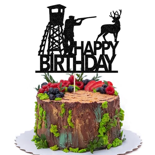 FmiyunEea Tortenaufsatz mit Jagdmotiv, Baumständer und Hirsch-Design, schwarzer Glitzer (Jagd) von FmiyunEea