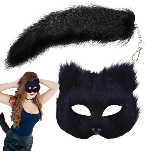 Animal Masquerade Und Tail Set - Tierrollenspielkostüm, Maskerade Animal Tail | Cosplay Animal Costume Kit Masquerade Animal Set, Pelziges Tier -Cosplay -Outfit Für Mädchen, (schwarz) (7,09 X 6,69 Zol von Fmzrbnih