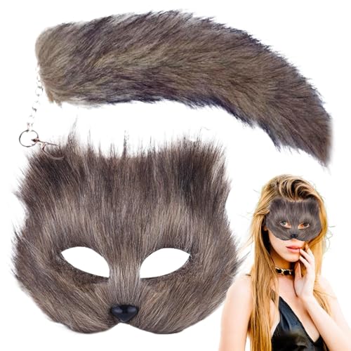 Animal Masquerade Und Tail Set - Tierrollenspielkostüm, Maskerade Animal Tail | Cosplay Animal Costume Kit Masquerade Animal Set, Pelziges Tier -Cosplay -Outfit Für Mädchen, (schwarz) (7,09 X 6,69 Zol von Fmzrbnih