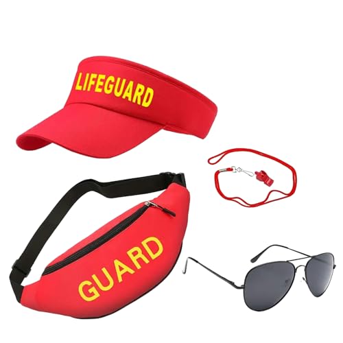-Rettungsschwimmer-Kostüm – Verstellbares Sommeroutfit, Baywatch-Style-Zubehörset | Strandrettungsuniform Mit Sonnenblende, Gürteltasche, Retro-Sonnenbrille Und Sicherheitspfeife Für Poolpartys -Rettungsschwimmer-Kostüm – Verstellbares Sommeroutfit, Baywatch-Style-Zubehörset | Strandrettungsuniform Mit Sonnenblende, Gürteltasche, Retro-Sonnenbrille Und Sicherheitspfeife Für Poolpartys von Fmzrbnih