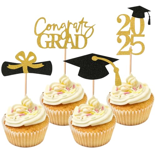 Cupcake-Topper zum Schulabschluss, Glitzer, Klasse 2025, Cupcake-Topper für Themenpartys, Dekorationen, Abschlussfeiern, Cupcake-Topper, Zubehör, goldfarben, 24 Stück von Fnaobai