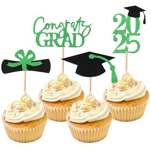 Cupcake-Topper zum Schulabschluss, Glitzer, Klasse 2025, für Themenpartys, Dekorationen, Abschlussfeiern, Cupcake-Topper, Zubehör, Grün, 24 Stück von Fnaobai