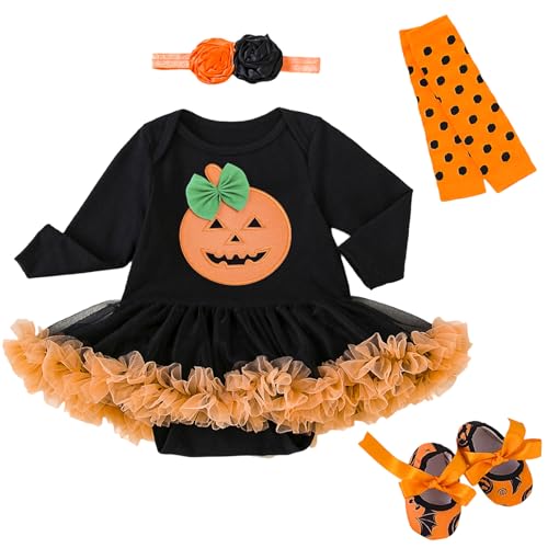 Fnaobai Halloween 4 Stk. Neugeborenes Baby Mädchen Halloween Kürbis Outfits Säugling Kürbis Strampler Kleid mit Beinwärmer Stirnband Schuhe Kleidung Set von Fnaobai