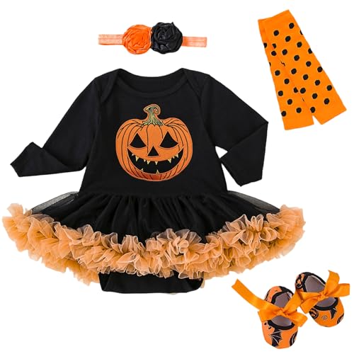 Fnaobai Halloween 4 Stk. Neugeborenes Baby Mädchen Halloween Kürbis Outfits Säugling Kürbis Strampler Kleid mit Beinwärmer Stirnband Schuhe Kleidung Set von Fnaobai
