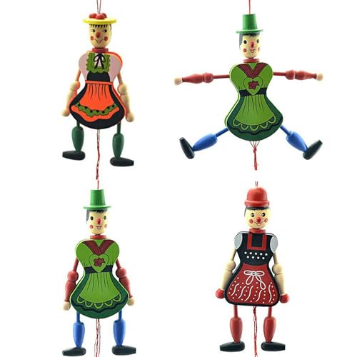 Fnjuucw 4 Stück Clown-Zugschnurpuppe, lustige Holzpuppe, Spielzeug, bewegliche Hände und Füße, für Ornamente, hängende Dekorationen, Weihnachten, Eltern-Kind-Interaktives, lustiges Spielzeug, Geschenk von Fnjuucw
