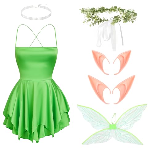 Foaincore 6 Stück Halloween Feenkostüm Damen Kleid Strass Halskette Girlande Stirnband Elfenohren Flügel Rollenspiel (klein) von Foaincore