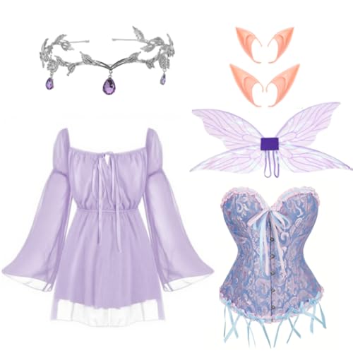 Foaincore 6-teiliges Feenkostüm-Set für Damen, schulterfrei, kurzes Kleid, Blumen-Korsett, Strass, Tiara, Elfenohren, Flügel, Violett, M von Foaincore