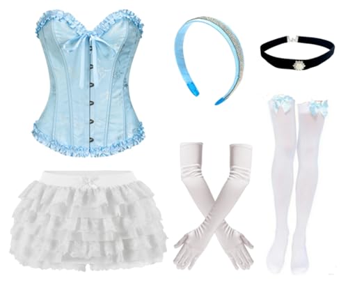 Foaincore 6-teiliges blaues Prinzessinnen-Kostüm-Set für Damen, Korsett-Top, Spitze, Kürbishose, Socken, Stirnband, Kragen, Handschuhe (L) von Foaincore