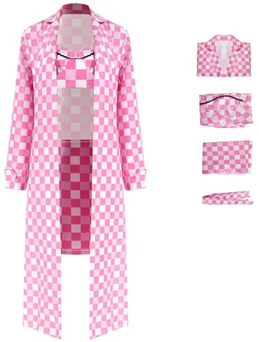 Foanja Barbi Kostüm Damen Verkleidung Vintage Kariertes Outfit Jacke und Oberteil Rock Gürtel für Halloween Karneval Geburtstag Party Maskerade Fancy Costume, Rosa von Foanja