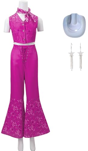 Foanja Barbi und Ken Kostüm Erwachsene Verkleidung 70er 80er Vintage Hippie Disco Rockwear Top und Hose mit Hut Schal Hut Ohrringe Herren Damen Halloween Karneval Geburtstag Party Maskerade Costume von Foanja