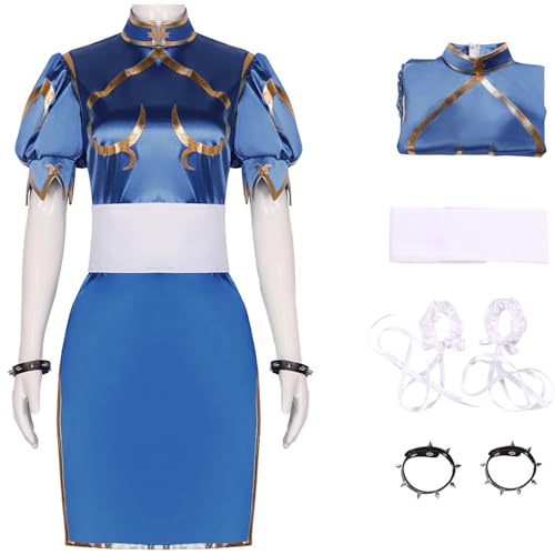 Foanja Chun Li Kostüm Damen Verkleidung Fighting Game Chun Li Kung Fu Anzug Sexy Cheongsam mit Armbänder und Tiara für Halloween Karneval Geburtstag Party Maskerade Fancy Costume, Blau von Foanja