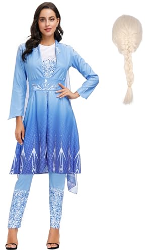 Foanja Damen ELSA Eiskönigin 2 Kostüm Langärmeliges Elsa Kleid mit Umhang und Hosen Weihnachten Karneval Halloween Party Fest Elsa Kostüm Verkleidung, Blau von Foanja