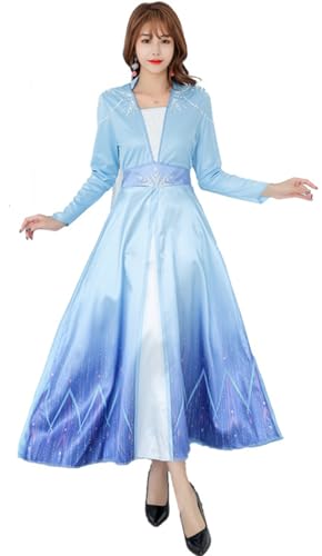 Foanja Damen ELSA Eiskönigin 2 Kostüm Langärmeliges Pailletten Elsa Kleid mit Umhang Weihnachten Karneval Halloween Party Fest Elsa Kostüm Verkleidung, Blau von Foanja