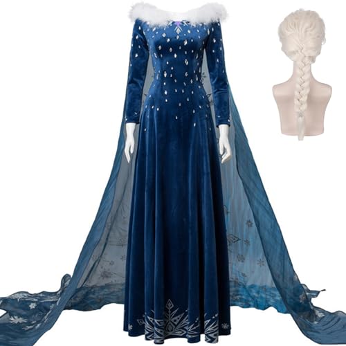 Foanja Damen ELSA Olaf Adventure Kostüm, Bodenlang Elsa Kleider mit Umhang Weihnachten Karneval Halloween Geburtstag Party Fest Elsa Kostüm Verkleidung, Blau, XS-3XL von Foanja