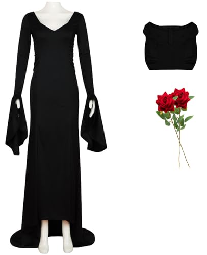 Foanja Damen Morticia Kostüm Fasching Cosplay Gothic Familie Mittwoch Mum Morticia Vintage Kleid mit Rosen Halloween Karneval Geburtstag Party Maskerade Verkleidung, Schwarz von Foanja