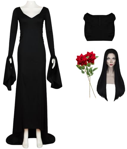 Foanja Damen Morticia Kostüm Fasching Cosplay Gothic Familie Mittwoch Mum Morticia Vintage Kleid mit Rosen Halloween Karneval Geburtstag Party Maskerade Verkleidung, Schwarz von Foanja