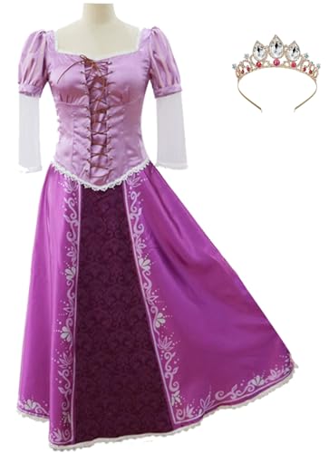 Foanja Damen Rapunzel Kostüm Maxi Vintage Elegante Frauen Rapunzel Fasching Prinzessin Schnürballkleid mit Krone Erwachsene Weihnachten Karneval Halloween Geburtstag Partykleid, Lila von Foanja