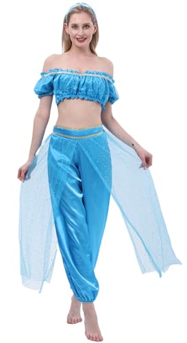 Foanja Jasmin Kostüm Damen Fasching Cosplay Aladin Prinzessin Jasmin Bauchtanz Outfit Top und Tüllhose Erwachsene Dress up Halloween Karneval Geburtstage Party Fancy Verkleidung von Foanja