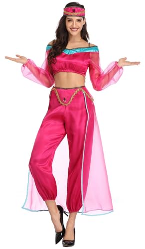 Foanja Jasmin Kostüm Damen Fasching Cosplay Aladin Prinzessin Jasmin Outfit Top Hose mit Stirnband Anzug Halloween Karneval Geburtstage Party Verkleidung, Rosa von Foanja