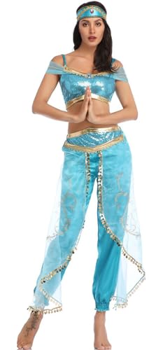 Foanja Jasmin Kostüm Damen Fasching Cosplay Aladin Prinzessin Jasmin Pailletten Outfit Top Hose mit Stirnband Anzug Halloween Karneval Geburtstage Party Verkleidung, S-XXL von Foanja