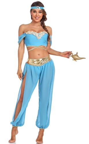 Foanja Jasmin Kostüm Damen Fasching Cosplay Aladin Prinzessin Jasmin Sexy Bauchtanz Outfit Top und Hose mit Stirnband Anzug Halloween Karneval Geburtstage Party Verkleidung von Foanja