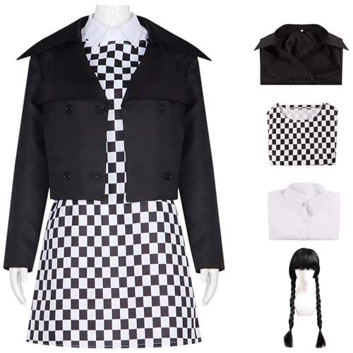 Foanja Mittwoch Kostüm Damen Fasching Cosplay Gothic Familie Mittwoch Outfit Jacken und Hemd Röcke Anzug Halloween Karneval Geburtstag Party Maskerade Verkleidung Tanz Kleid, XS-3XL von Foanja