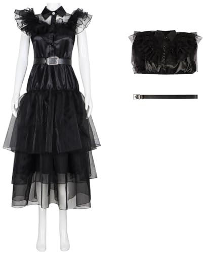 Foanja Mittwoch Kostüm Damen Fasching Cosplay Gothic Familie Mittwoch Vintage Tüll BallKleid mit Gürtel Halloween Karneval Geburtstag Party Maskerade Verkleidung Tanz Kleid, Schwarz von Foanja