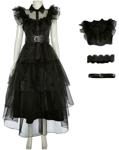 Foanja Mittwoch Kostüm Damen Fasching Cosplay Gothic Familie Mittwoch Vintage Tüll Maxi BallKleid mit Gürtel Halloween Karneval Geburtstag Party Maskerade Verkleidung Tanz Kleid, Schwarz von Foanja