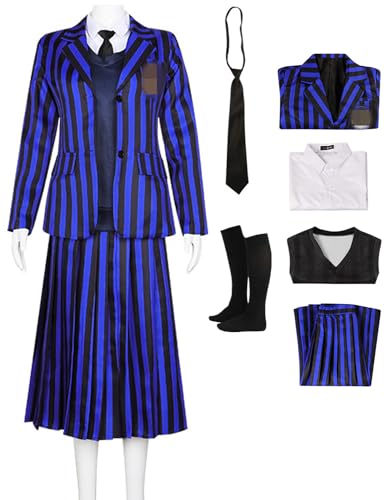 Foanja Nevermore Kostüm Damen Fasching Cosplay Enid Sinclair Academy Uniform Jacke Weste Hemd und Rock mit Krawatte Socken Anzug Halloween Karneval Geburtstag Party Maskerade Verkleidung, Streifen Foanja Nevermore Kostüm Damen Fasching Cosplay Enid Sinclair Academy Uniform Jacke Weste Hemd und Rock mit Krawatte Socken Anzug Halloween Karneval Geburtstag Party Maskerade Verkleidung, Streifen von Foanja