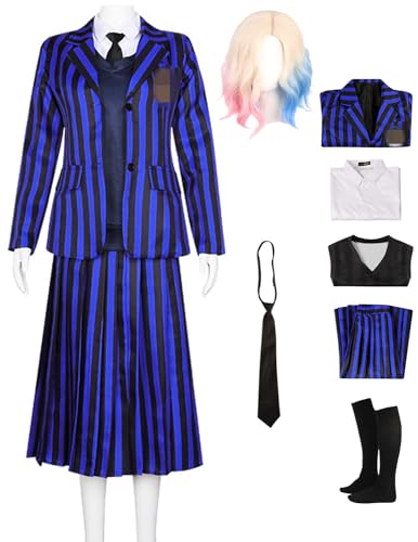Foanja Nevermore Kostüm Damen Fasching Cosplay Enid Sinclair Academy Uniform Jacke Weste Hemd und Rock mit Krawatte Socken Anzug Halloween Karneval Geburtstag Party Maskerade Verkleidung, Streifen Foanja Nevermore Kostüm Damen Fasching Cosplay Enid Sinclair Academy Uniform Jacke Weste Hemd und Rock mit Krawatte Socken Anzug Halloween Karneval Geburtstag Party Maskerade Verkleidung, Streifen von Foanja
