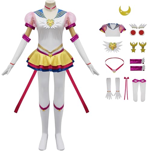 Foanja Sailor Moon Kostüm Damen Cosplay Anime Sailor Moon Tsukino Usagi Komplettset Deluxe Kampf Uniform mit Zubehör für Halloween Karneval Geburtstag Party Maskerade Verkleidung Costume von Foanja