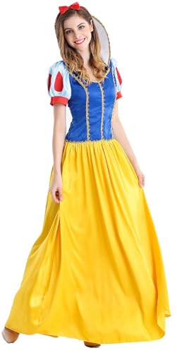 Foanja Schneewittchen Kostüm Damen Cosplay Snow White Maxi Kleid mit Haarband und Perücken Weihnachten Karneval Halloween Geburtstag Party Märchen Aufführungen Verkleidung von Foanja