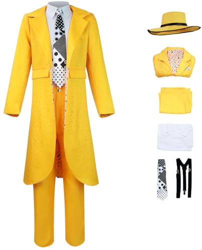 Foanja Stanley Ipkiss Kostüm Herren Cosplay Maskenmann Jim Carrey Anzug mit Hut und Maske für Dress up Halloween Karneval Geburtstag Party Maskerade Fancy Costume, Gelb von Foanja