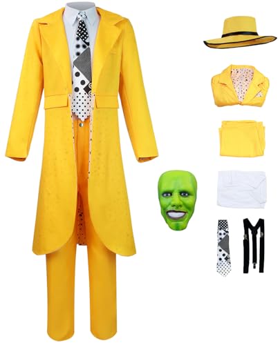 Foanja Stanley Ipkiss Kostüm Herren Cosplay Maskenmann Jim Carrey Anzug mit Hut und Maske für Dress up Halloween Karneval Geburtstag Party Maskerade Fancy Costume, Gelb von Foanja