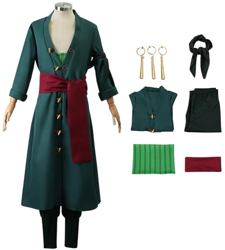 Foanja Zoro Kostüm Herren Verkleidung Anime König der Diebe Zoro Samurai Uniform mit Hijab und Ohrringe für Dress up Halloween Karneval Geburtstag Party Maskerade Fancy Costume, Grün von Foanja