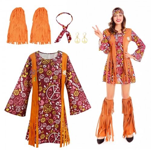 Focenat 4 Stück Hippie Kostüm Damen Set, 60 er 70er Jahre Bekleidung Hippie Frau, 70er Jahre Kostüm Halloween Kostüm, 70er Jahre Mottoparty Kostüm, Disco Outfit, Damen Set Retro Frauen Hippie (XL) von Focenat