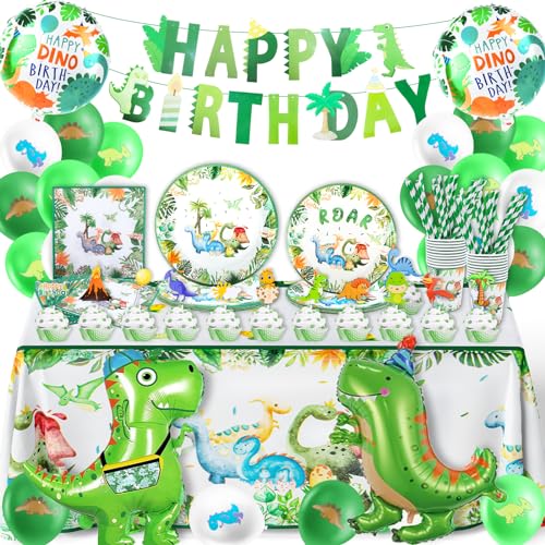 135PCS Dino Luftballons Geburtstag Deko, Dinosaurier Geburtstag Geschirr Set Dino Partygeschirr Junge Geburtstagsdeko Party Pappteller Kindergeburtstag Tischdecke Teller Servietten Becher für 20 Gäste von Foesihep