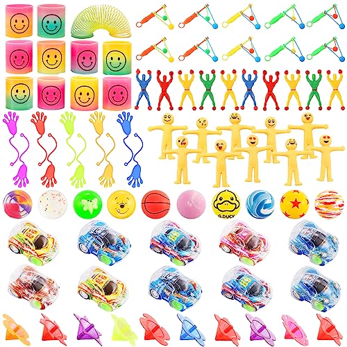 82Pcs Party Kindergeburtstag Mitgebsel Set, Give Aways Kindergeburtstag, Aufziehauto, Klatschhand für Kinder, Flummies für Kinder, Kreisel für Kinder, Regenbogenspirale, Klatschhand, Glibber Smiley von Foesihep