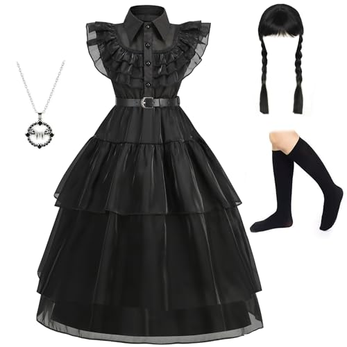 Foierp Gothic Prinzessinnenkleid für Mädchen - Schwarzes Spitzen-Kostüm mit Zubehör für Halloween, Geburtstag & Festliche Anlässe (3-10 Jahre) von Foierp