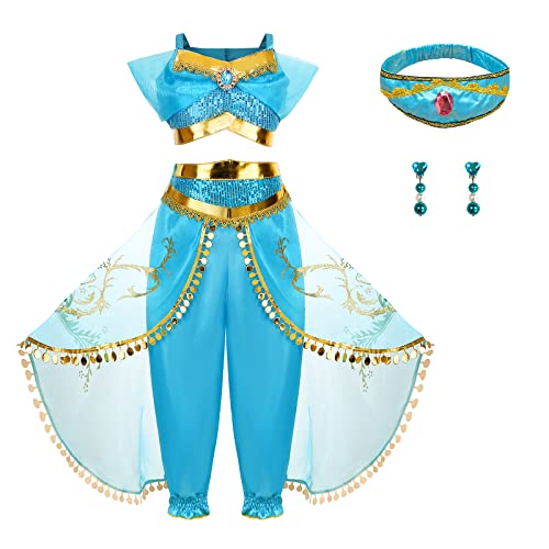 Foierp Jasmine Kostüm für Kinder mit Prinzessin Jasmine Dress Up Mädchen Fancy Kleider Weihnachten Halloween Cosplay Party Outfits von Foierp