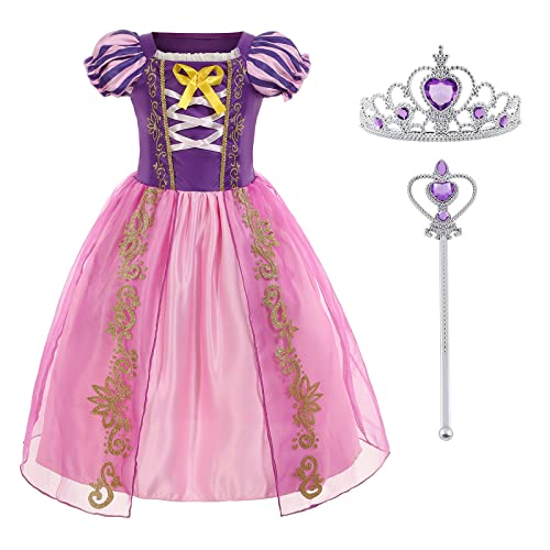 Foierp Prinzessin Rapunzel Kostüm Kinder - Mädchen Prinzessin Kleid mit Zauberstab und Krone, Halloween Cosplay Karneval Party Verkleidung, Lila von Foierp